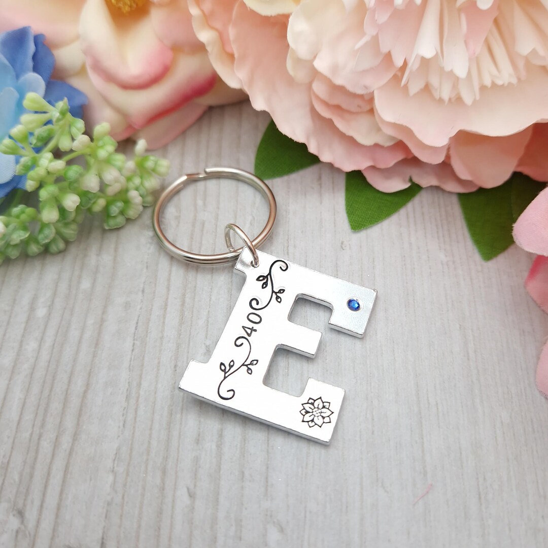Custom Initial Keyring for 40th Birthday, Birthstone Letter Keychain ...