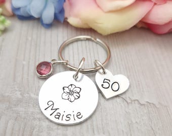 50th Birthday Gift, Custom Name Hand Stamped Keychain, Fiftieth Gifts, Birth flower & Birthstone Keychain Gifts, Unique 50th Birthday