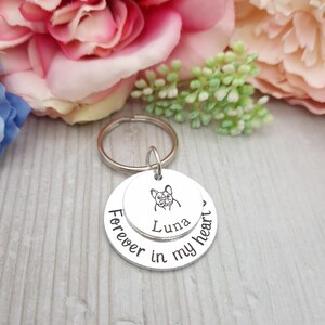 May include: Silver keyring with a double-sided charm. The top charm features a small outline of a French Bulldog. The bottom charm reads "Forever in my heart" with the name "Luna" inscribed above the text.