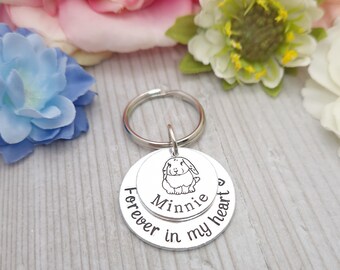 May include: Silver keychain with two round discs. The top disc has a line drawing of a rabbit and the text "Minnie". The bottom disc has the text "Forever in my heart".