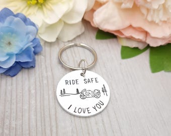 Motorbike keyring gift for husband, Biker Ride safe Keychain for boyfriend, Ride Safe I love you Present, Fathers day Gift for biker Dad