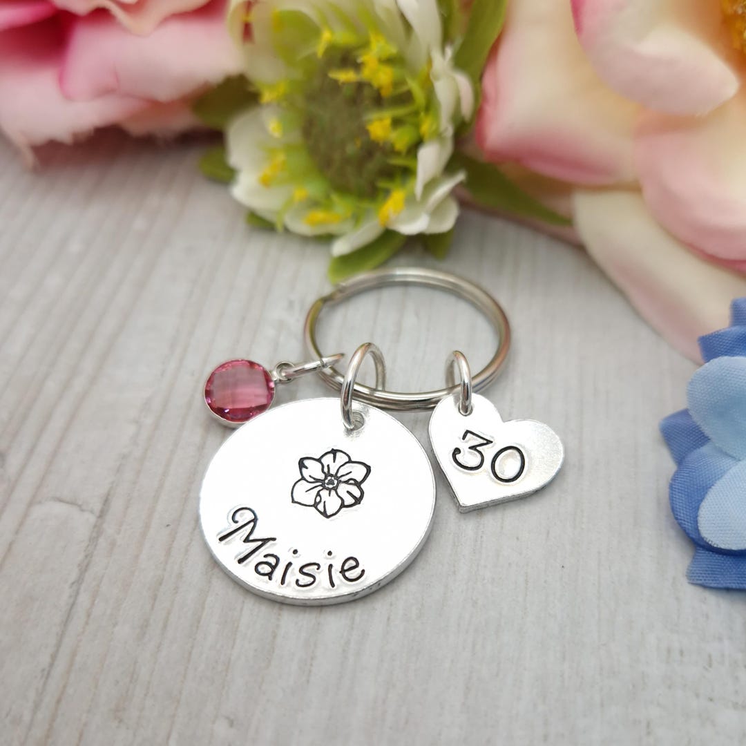 30th Birthday Gift for Her, Custom Name Hand Stamped Keychain