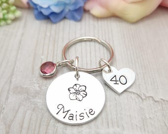 40th Birthday Gift, Custom Name Hand Stamped Keychain, Fortieth Gifts, Birth flower & Birthstone Keychain Gifts, Unique 40th Birthday