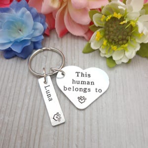 May include: Silver heart-shaped keyring with the text "This human belongs to" and a paw print. A smaller silver tag with the name "Luna" and a paw print is attached to the keyring.
