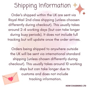 May include: White background with the text "Shipping Information" in a handwritten style. The text describes shipping details within and outside the UK, including delivery times and tracking information. A small envelope graphic with a heart is in the lower left.