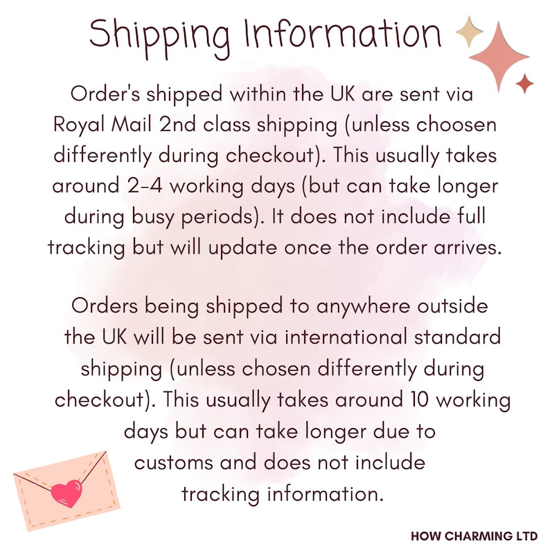 May include: White background with the text "Shipping Information" in a handwritten style. The text describes shipping details within and outside the UK, including delivery times and tracking information. A small envelope graphic with a heart is in the lower left.