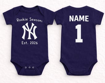 New York Yankees Baseball Rookie Season Onesie, Custom Name Number Bodysuit