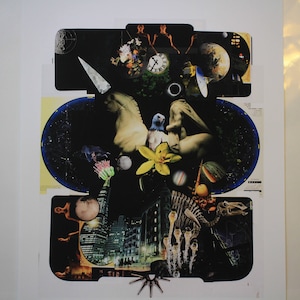 May include: A collage of images featuring a celestial scene with a blue and black background, a white figure with wings, a yellow flower, and a city skyline. The collage is framed in black and white.