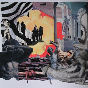 May include: A collage of images featuring a black and white zebra pattern, a yellow flower, a red background, a statue of a person, and a hand reaching out. The collage is made up of different textures and materials, creating a unique and abstract piece of art.