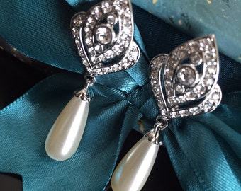 bridal rhinestones crystal pearl earrings bridal jewelry wedding earrings wedding jewelry teardrop
