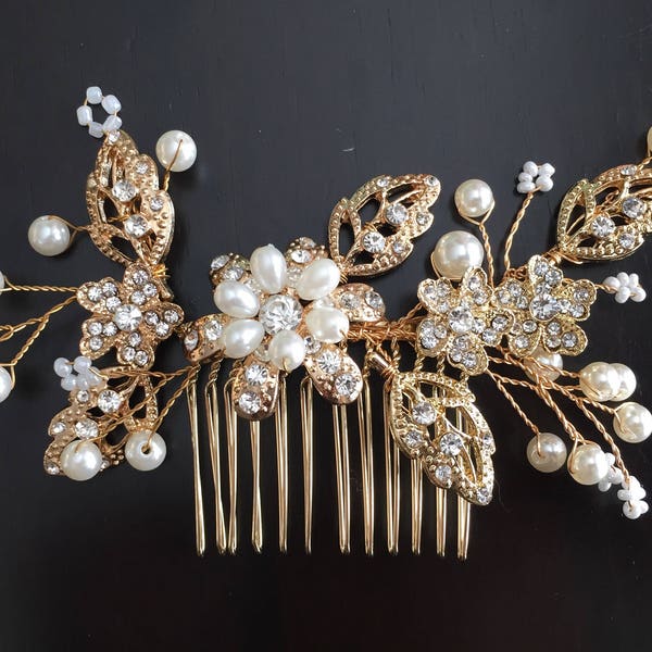 Gold Ivory Pearl Wedding Hair Comb, Gold Hair Comb, Gold Bridal Comb, Gold Wedding Comb, Gold Hair Clip, Gold Hair Accessory