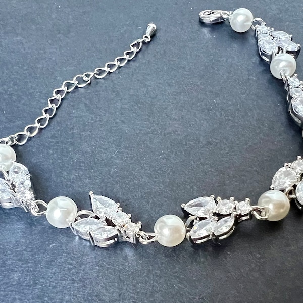 Pearl Wedding Bracelet, clear crystal teardrop bracelet, Rhinestone Bridal Bracelet in silver,  Wedding Jewelry,Bride Jewelry, cz cubic