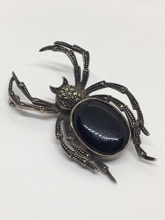 Sterling, Onyx and Marcasites Spider Brooch