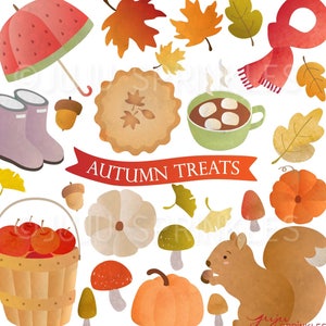 Fall Clip Art, Watercolor Clipart, Autumn Clip Art, 300 DPI PNG, Pumpkin, Leaf, Squirrel, Mushroom, Acorn, Instant Download, Digital