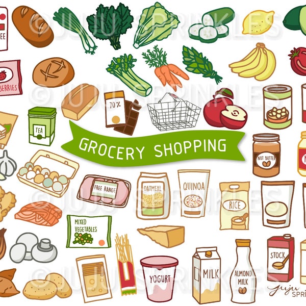 Grocery Shopping Clipart - Cute Vegetable Illustrations - Produce Stickers - Instant Download PNG