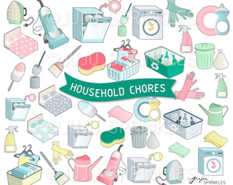 Housework Clipart, Cleaning Clipart, Organiser Clipart, Household Clipart, Chores Stickers, Instant Download, Clean Clipart, Chore Clipart