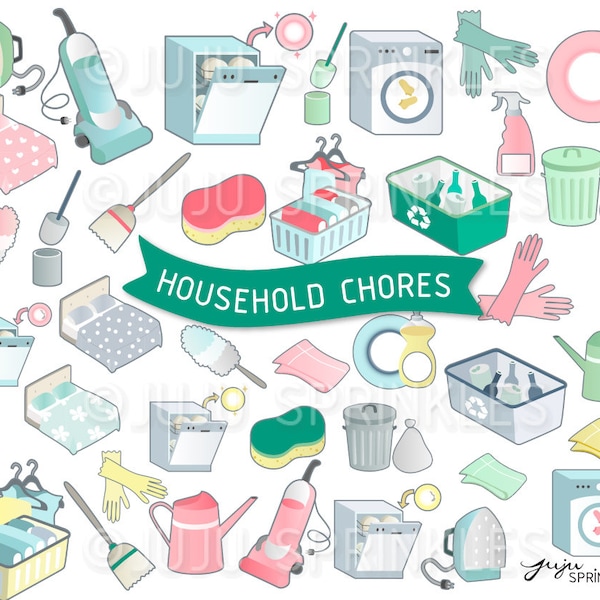 Housework Clipart, Cleaning Clipart, Organiser Clipart, Household Clipart, Chores Stickers, Instant Download, Clean Clipart, Chore Clipart