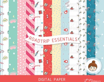 Roadtrip Digital Paper, Travel Clipart, Vacation Clipart, Roadtrip Scrapbooking, Instant Download, DIY Paper Craft Backgrounds