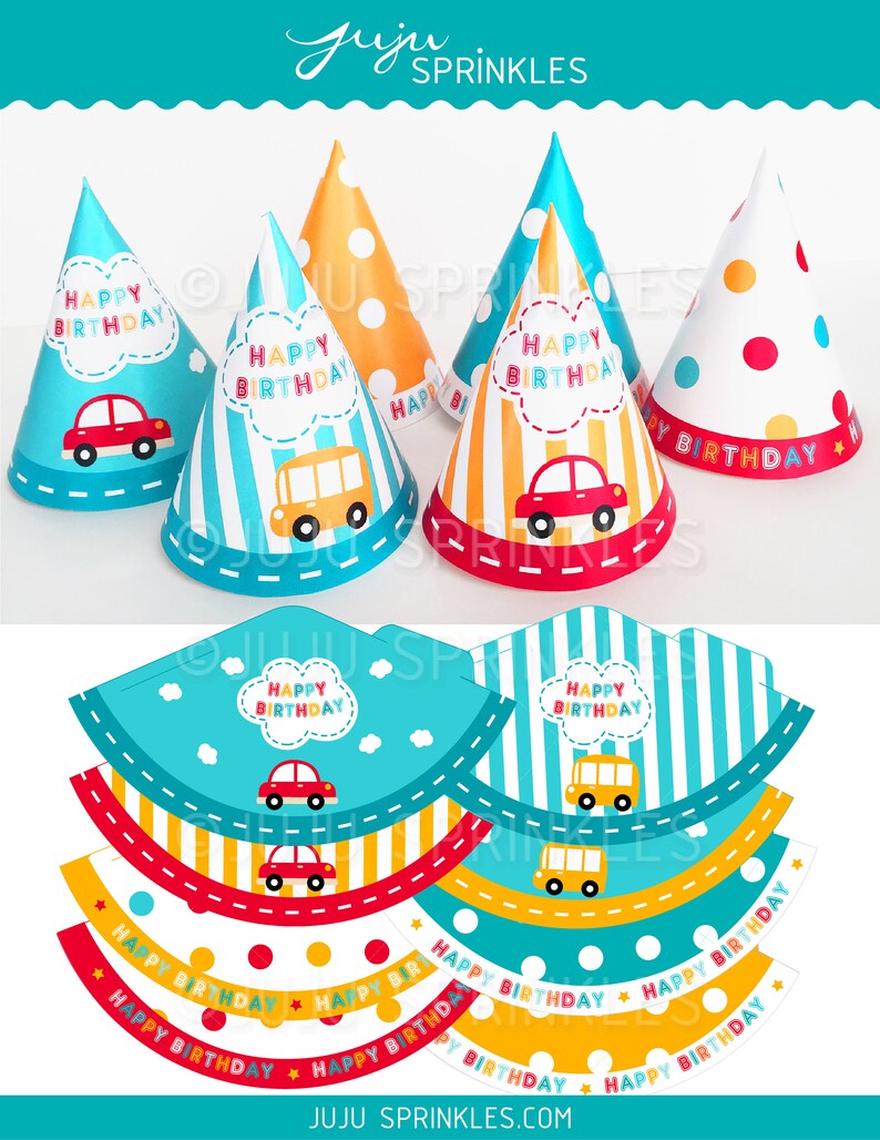 Transportation Birthday Party Hats, Car Party Hats, Mini Birthday Hats, Printable Baby Shower
