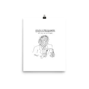 May include: Black and white line drawing of a character from the horror film Hellraiser. The character has a head full of hooks and is holding a hook in his hand. The text "Hellraiser" and "He'll tear your psyche apart" is above the character. The text "Hlay C." is below the character.