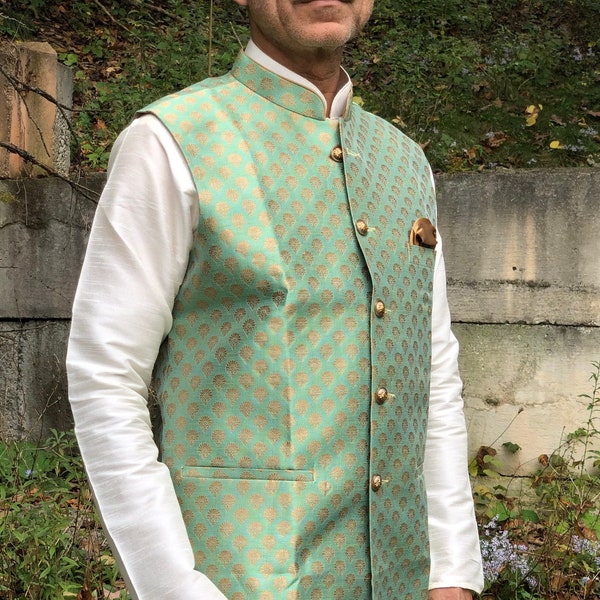 Indian Vest, Waistcoat, pista green color, Nehru Collar, Formal, Groom, Indian Wedding clothing for men, Indian clothing for gents