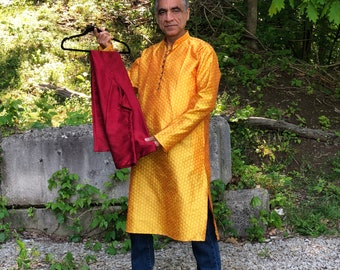 Kurta Pajama Set, Saffron Orange Tunic & Dark Red Pants, Indian, Pakistani, Wedding,  Partywear, Formal