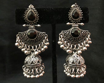 Indian Jewelry, Jhumka, Indian Earrings, Black glass stone posts, Oxidised Silver, Banjara, Rajasthani Silver, Tribal Silver, Boho Jewellery