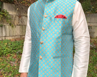 Indian Vest, Waistcoat, light aqua blue color, Nehru Collar, Formal, Groom, Indian Wedding clothing for men, Indian clothing for gents