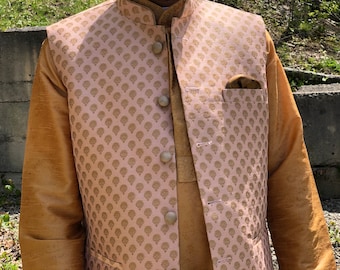 Gilet pour homme de couleur rose, col Nehru, formel, marié, vêtements de mariage indien pour hommes, vêtements indiens pour hommes