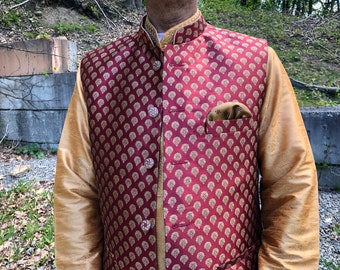 Gilet indien, gilet, couleur rouge bordeaux, col Nehru, formel, marié, vêtements de mariage indien pour hommes, vêtements indiens pour hommes