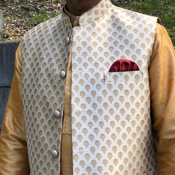 Indian Vest, Waistcoat, ivory color, Nehru Collar, Formal, Groom, Indian Wedding clothing for men, Indian clothing for gents