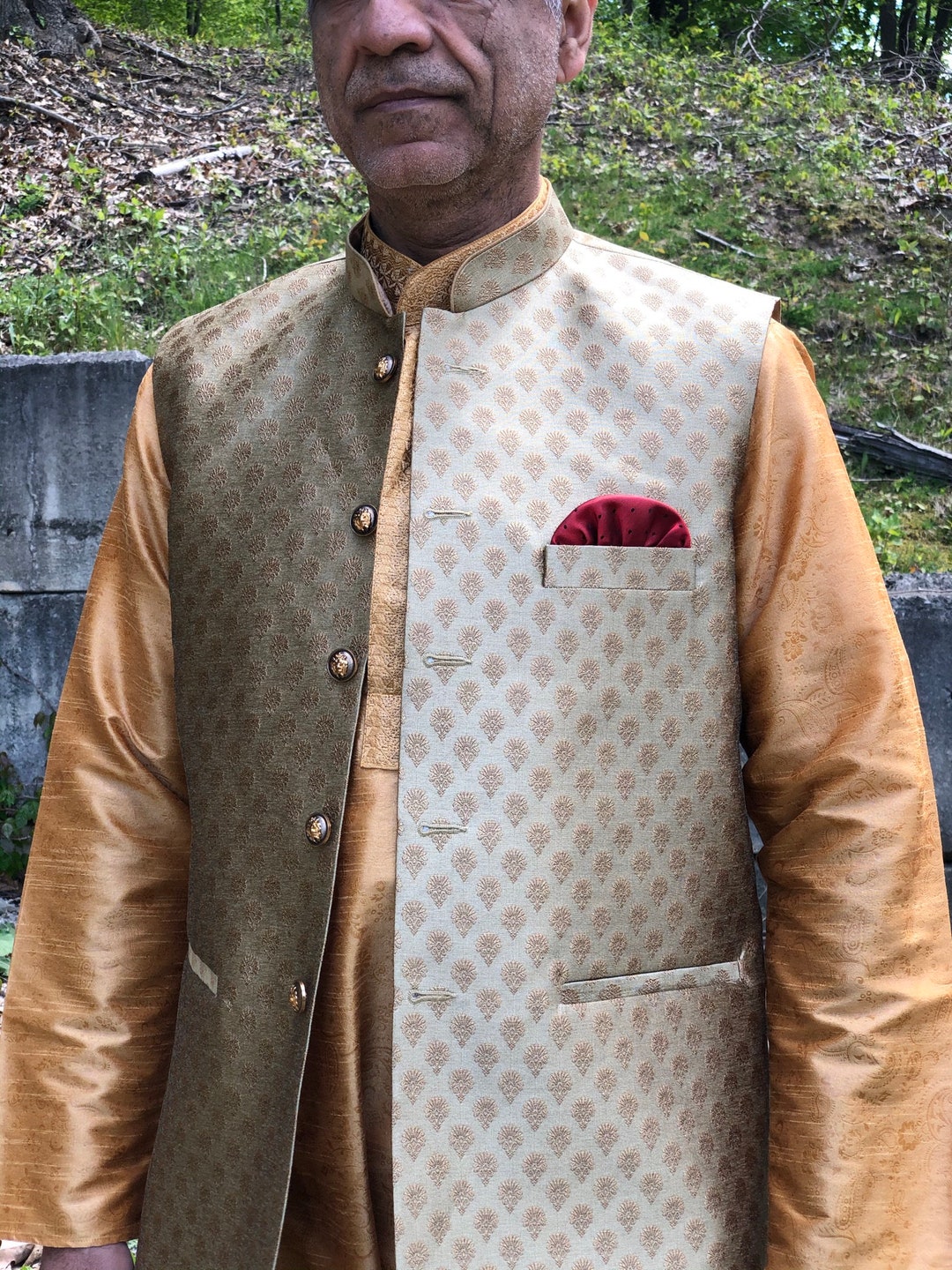 Indian Vest Waistcoat Gold Color Nehru Collar Formal Etsy