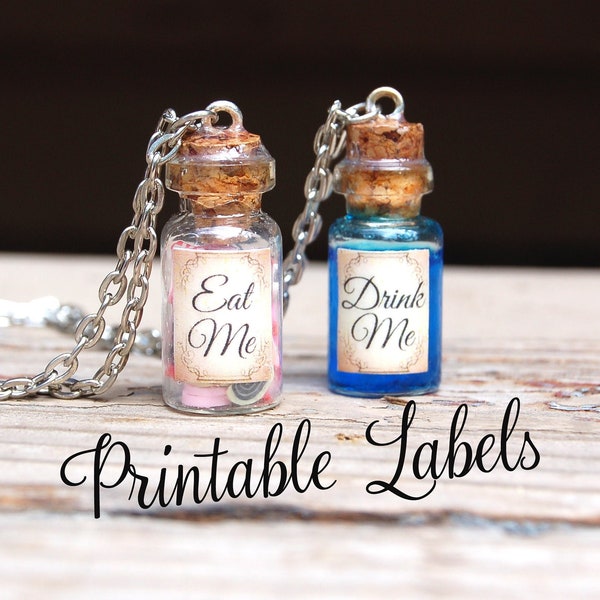 Alice in Wonderland Necklace Mini Bottle Labels - Printable Labels - Mini Bottle Charm Pendant Necklaces 1ml - DIY Jewelry