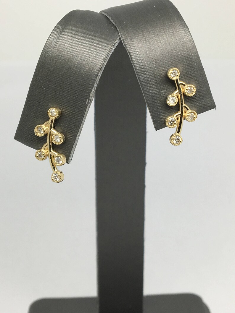 14K Yellow Gold Natural Genuine Diamond Leaves Style Stud Earrings