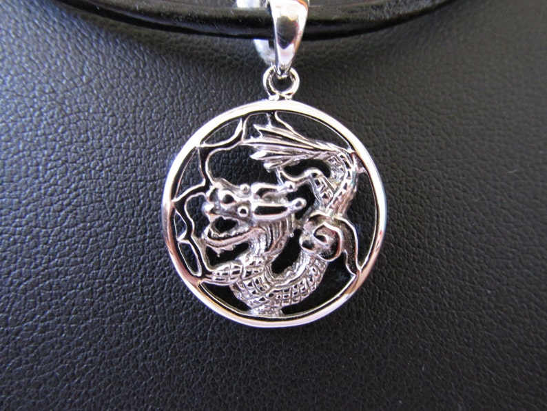 18K White Gold Over Sterling Silver Round Dragon Pendant