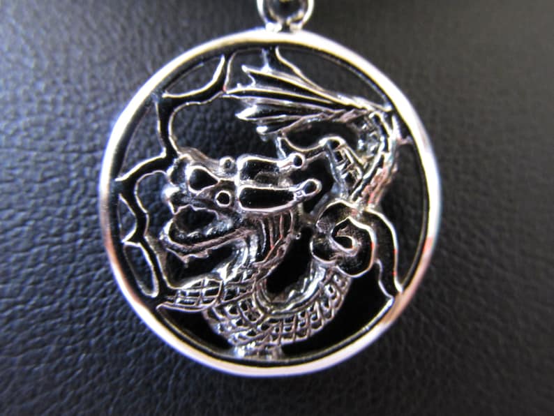 18K White Gold Over Sterling Silver Round Dragon Pendant