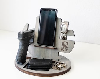 Nightstand Organizer with Gun Holder - Anniversary Gift for Husband - Gun Docking Station