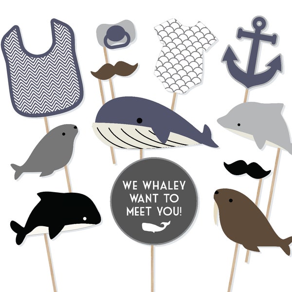 Whale Baby Shower Printable Photo Booth Props - Baby Shower Photobooth Props - Blue Baby Shower Printables - Nautical Baby Shower - Beluga