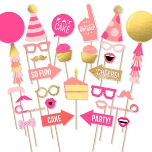 Printable Pink and Gold Birthday Photo Booth Props - Printable Birthday Photobooth - Printable Pink and Gold Birthday - Printable Prop Shop