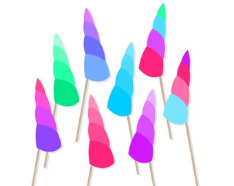 May include: A set of ten colorful unicorn horn party decorations. The horns are made of paper and are attached to wooden sticks. The horns are in various shades of pink, purple, blue, and green.