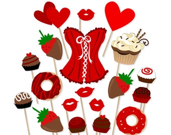 May include: A set of 15 red and white photo booth props featuring a red corset, cupcakes, donuts, strawberries, chocolate candies, and lips.