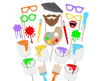 May include: A set of 12 paint-themed photo booth props. The props include paint cans, paint brushes, paint splatters, a paint palette, a beret, glasses, and a mustache. The props are printed on cardstock and attached to wooden sticks.