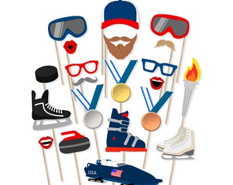May include: A set of 12 winter sports themed photo booth props. The props include a hockey skate, a curling stone, a bobsled, a ski boot, a torch, a gold medal, a silver medal, a bronze medal, a pair of ski goggles, a pair of glasses, a mustache, a pair of lips, a baseball cap, and a pair of lips. The props are all on sticks and are ready to be used for a fun photo booth.