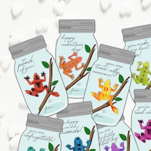 May include: Eight printable Valentine's Day cards featuring frogs in mason jars with different messages. The messages include "You are toad-ally awesome!" and "You're a real catch!"