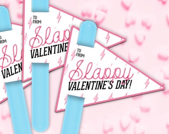 May include: Three blue plastic sticks with pink and white paper flags attached. The flags have a lightning bolt pattern and say "Slap Valentine", "Slap Valentine's Day!" and "Slap Valentine".