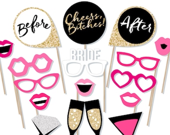 Printable Bachelorette Photo Booth Props - Hen Party Photobooth Props - Cheers Bitches - Bachelorette Before and After Signs Gold Pink Black