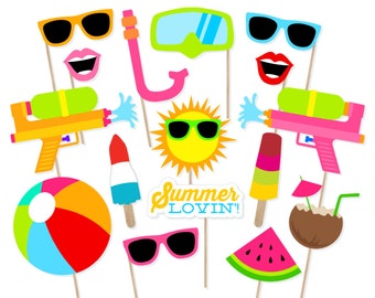 May include: A set of 10 colorful summer-themed photo booth props. The props include a beach ball, a watermelon slice, a coconut with a straw, a popsicle, a water gun, a pair of sunglasses, a sun with sunglasses, a snorkel and mask, a pair of lips, and a sign that says "Summer Lovin'"