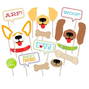 Puede incluir: Un conjunto de 10 accesorios para cabina de fotos con tem&aacute;tica de perros. Los accesorios incluyen una nariz de perro, una cara de perro, un hueso, una pelota de tenis, un collar y letreros que dicen "Woof!" "Arf!" "Mejores amigos" y "Amor de cachorro".