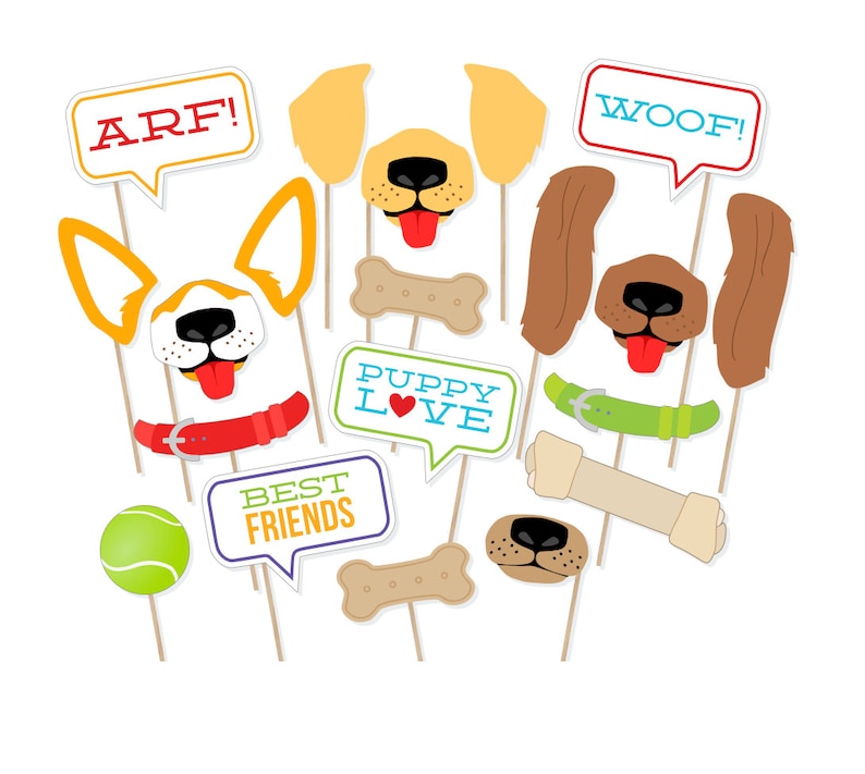 Puede incluir: Un conjunto de 10 accesorios para cabina de fotos con tem&aacute;tica de perros. Los accesorios incluyen una nariz de perro, una cara de perro, un hueso, una pelota de tenis, un collar y letreros que dicen "Woof!" "Arf!" "Mejores amigos" y "Amor de cachorro".