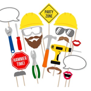 建設現場の印刷可能な写真ブース小道具 - ツール小道具 - 父の日の小道具 - ツール写真ブース小道具 - 建設現場のパーティー小道具